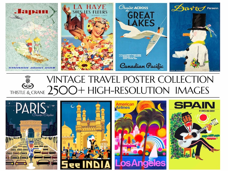 May include: A collection of vintage travel posters featuring destinations like Japan, La Haye, Great Lakes, Davos, Paris, India, Los Angeles, and Spain. The posters are colorful and feature iconic imagery from each location.