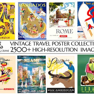 May include: A collection of vintage travel posters featuring destinations like Barbados, Rome, Stowe, Vermont, Rio, Miami, The Philippines, and Israel. The posters are colorful and feature iconic imagery from each location.