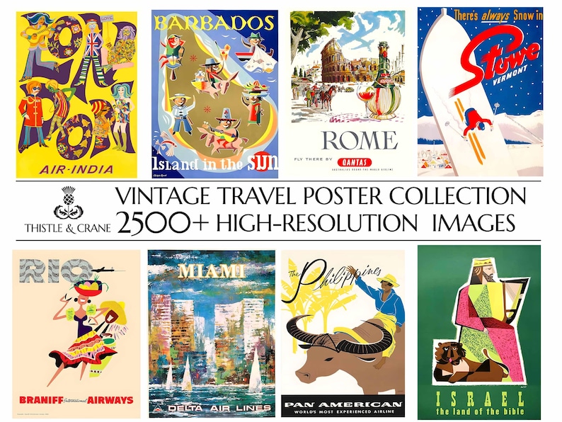 May include: A collection of vintage travel posters featuring destinations like Barbados, Rome, Stowe, Vermont, Rio, Miami, The Philippines, and Israel. The posters are colorful and feature iconic imagery from each location.