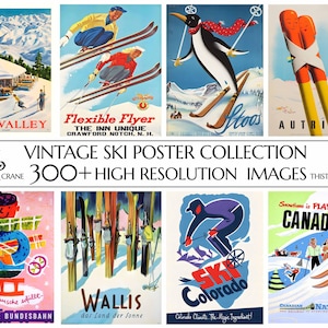 300+ originalsamling av vintage skidposters | Hög upplösning och 300 DPI | Digital nedladdning | Utskrivbar väggkonst | Heminredning