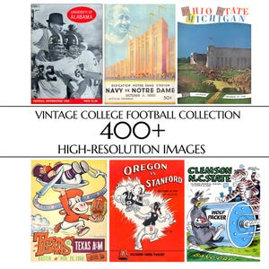 Pode incluir: Uma coleção digital de mais de 400 imagens de alta resolução de capas de programas de futebol universitário vintage. As imagens apresentam várias ilustrações históricas de dias de jogo, representações de estádios e gráficos de equipas de universidades como Alabama, Notre Dame, Ohio State, Michigan, Texas, Texas A&M, Oregon, Stanford, Clemson e N.C. State.