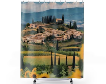 Rideaux de douche (C) région Toscane, tournesols en Italie, cadeaux pour rafraîchir la salle de bain, rideaux de placard, rideaux de fenêtre, champ de tournesols