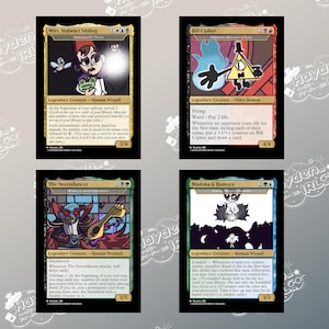 May include: Four trading cards featuring characters from the animated series Gravity Falls. The cards are in a fantasy card game style with illustrations of Wirt, Bill Cipher, The Necrodancer, and Madoka & Homura. Each card has a name, description, and stats.