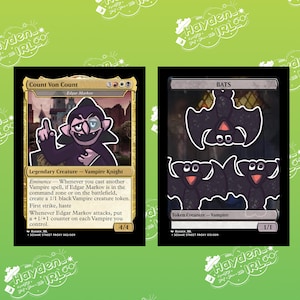 Op de afbeelding: Twee Magic: The Gathering-kaarten met personages uit Sesamstraat. De eerste kaart is een paars-zwarte vampierridder genaamd Graaf Tel met de tekst "Eminence - Wanneer je een andere Vampier-spreuk betovert, als Edgar Markov in de commandozone of op het slagveld is, creëer dan een 1/1 zwarte Vampier-kreatuurtoken. Eerste aanval, haast. Wanneer Edgar Markov aanvalt, plaats dan een +1/+1-counter op elke Vampier die je controleert." De tweede kaart is een zwart-witte vleermuiskreatuurkaart genaamd "Vleermuizen" met de tekst "Token-kreatuur - Vampier".