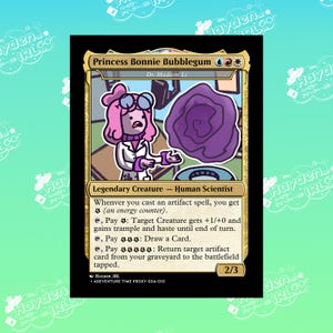 Op de afbeelding: Een verzamelkaart met Princess Bubblegum uit de animatieserie Adventure Time. De kaart is een legendarisch wezen met de tekst "Princess Bonnie Bubblegum" en "Human Scientist" erop gedrukt. De kaart heeft een paarse achtergrond met een roze en witte illustratie van Princess Bubblegum die een paarse bol vasthoudt.