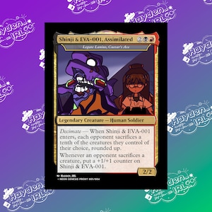 May include: A Magic: The Gathering card featuring a purple and orange creature with a human character in a white shirt and glasses. The card is titled "Shinji & EVA-001, Assimilated" and has a power and toughness of 2/2. The card text reads "Decimate - When Shinji & EVA-001 enters, each opponent sacrifices a tenth of the creatures they control of their choice, rounded up. Whenever an opponent sacrifices a creature, put a +1/+1 counter on Shinji & EVA-001."