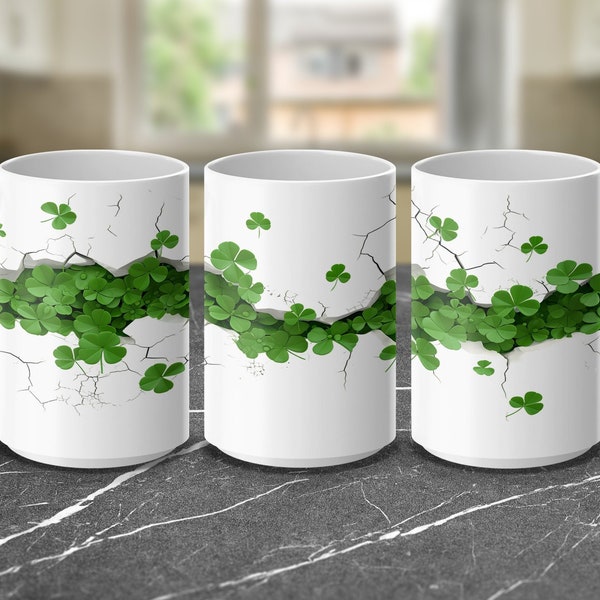 3D Clover Leaves Shamrock Crack Effect White Mug, St. Patrick's Day Gift, 15oz Ceramic Coffee Cup, Unique Irish Themed Kitchenware