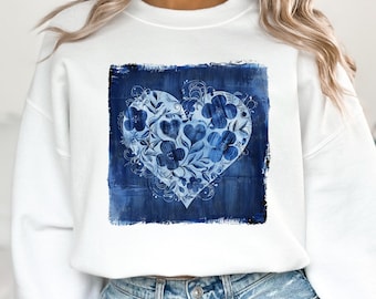 Faux Denim Heart PNG Boho Denim Heart Clipart Digital Download Only Country Girl Sublimation Design Western Blue Heart Tshirt design png