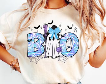 Fantasma Boo PNG Linda coqueta PNG Lazo de otoño femenino PNG Temporada espeluznante PNG Diseño de camiseta de Halloween retro Fantasma de Halloween preppy PNG Espeluznante