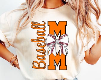 Baseball Mom PNG Baseball Sublimation Design Baseball Bow png Orange & Black Team Colors Baseball Mama png Coquette Game Day Shirt Proud Mom