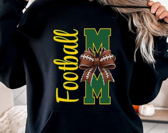 Football PNG Football Mom Sublimation Design Football Bow png Football Mama png Coquette Game Day png Green & Gold Team Colors Proud Mama