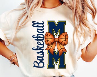 Basketball Mom PNG Basketball Sublimation Design Navy Blue & Yellow Team Colors Bow png Basketball Mama png Coquette Game Day Shirt png