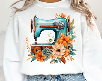 Vintage Sewing Machine PNG Sublimation Design, Digital Download Only Boho Flowers Clipart png Seamstress Design png Sewing Lover Shirt
