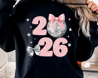 Pink Coquette New Year 2026 PNG Preppy New Years Bow Shirt Design Disco Ball New Years Sublimation Digital Download Glitter Faux Sparkly