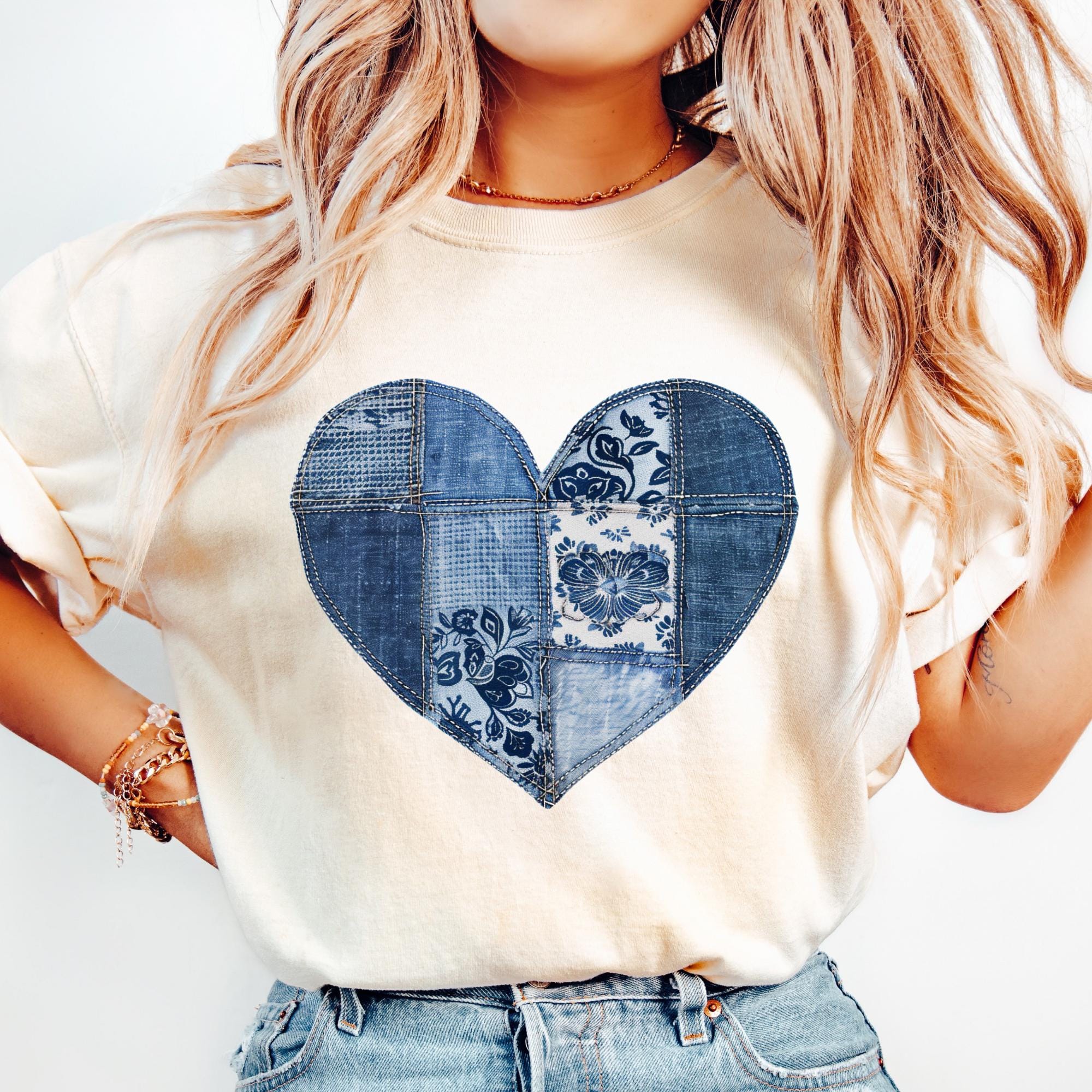 Faux Patchwork Denim Heart PNG Retro Denim Heart Clipart Digital Download Only Country Girl Sublimation Design Western Jean Heart Tshirt