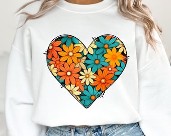 Boho Heart tshirt Design png Fall Flower Heart Png Sublimation Design Digital Download Only Floral Clipart png, Heart Shaped Wildflower Png