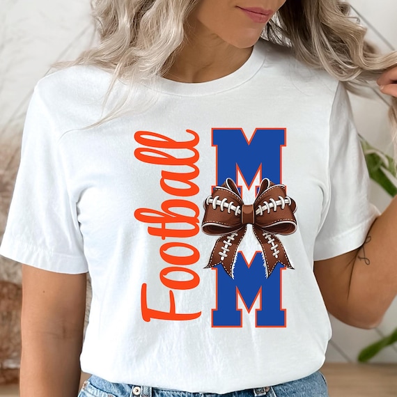 Football Mom PNG Coquette Game Day Shirt Football Sublimation Design Football Bow png Football Mama png Blue & Orange Team Colors Proud Mama