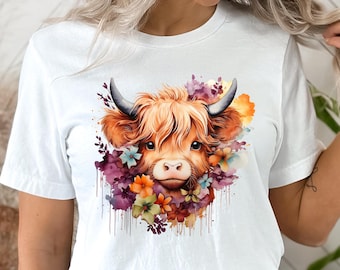 Highland Cow PNG Floral Sublimation Design, Digital Download Only Spring Flowers Cow png Boho Flowers Cow Clipart png Cute Farm Animal png
