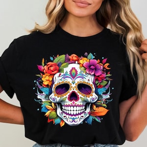 Sugar Skull Shirt png Floral Clipart Tendance Halloween Shirt Sublimation Design Téléchargement numérique uniquement le jour des morts png