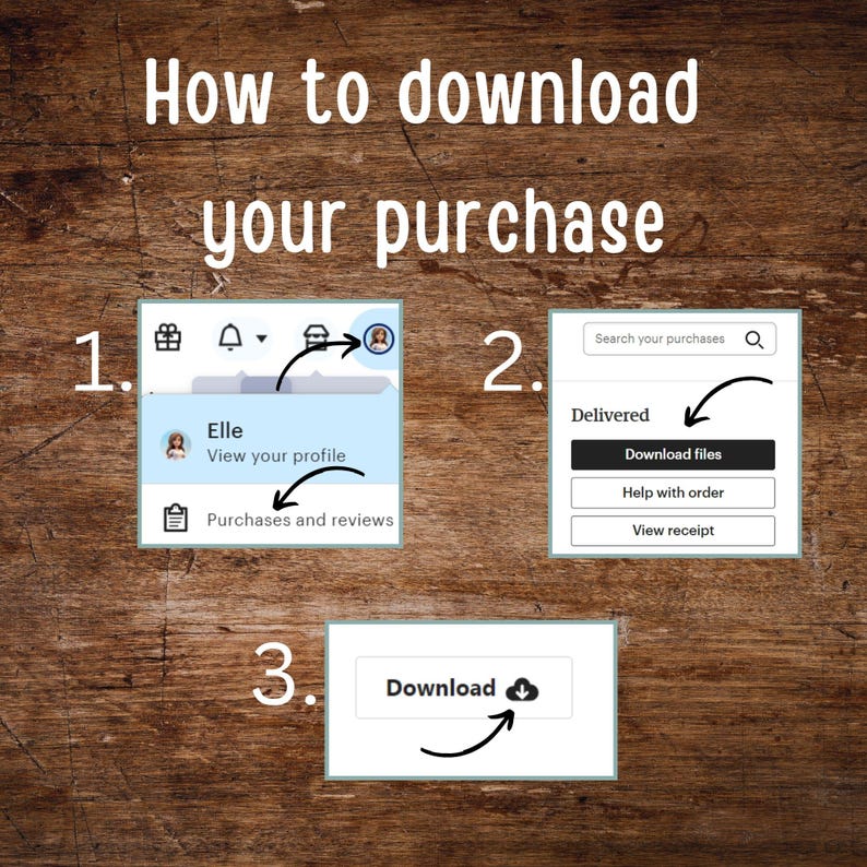 Peut inclure: Un guide &eacute;tape par &eacute;tape pour t&eacute;l&eacute;charger un achat. L'image montre un fond en bois avec le texte "How to download your purchase". Elle comprend des captures d'&eacute;cran avec des fl&egrave;ches pointant vers les &eacute;tapes : voir le profil, t&eacute;l&eacute;charger les fichiers et t&eacute;l&eacute;charger.