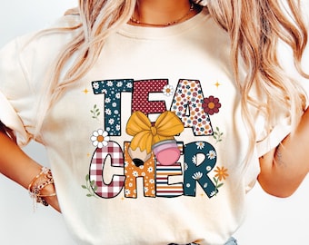 Boho Teacher PNG Floral Teacher Sublimation Design with Pencil & Bow Back to School Coquette Teacher PNG First Day of School png Teacher png