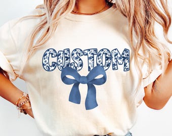 Preppy Custom Name PNG Custom Floral Toile Blue Watercolor Coquette Bow png Girly Custom Shirt Design Preppy Bow png Personalized Name Shirt