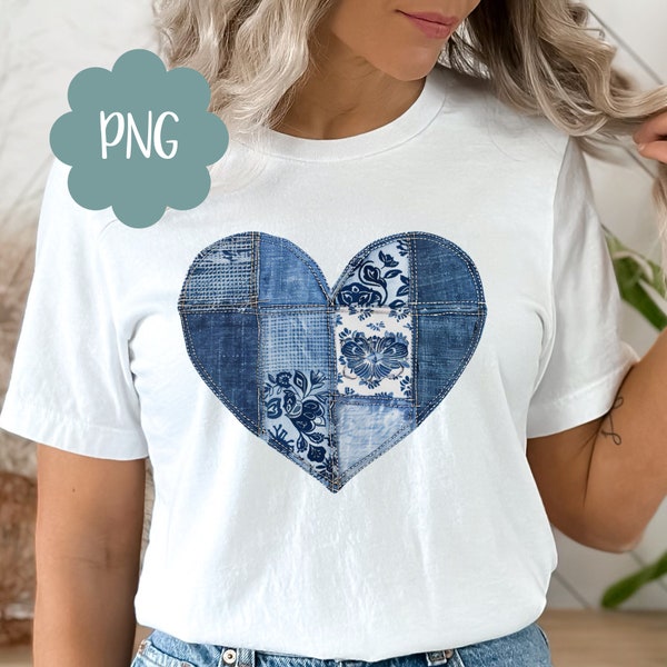 Faux Patchwork Denim Heart PNG Retro Denim Heart Clipart Digital Download Only Country Girl Sublimation Design Western Jean Heart Tshirt