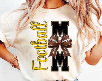 Football Mom PNG Football Sublimation Design Football Bow png Football Mama png Coquette Game Day png Black & Gold Team Colors Proud Mama