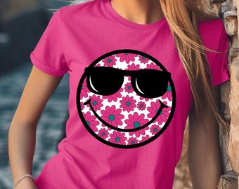 Retro Happy Face PNG Vintage Sublimation Shirt Design Digital Download Only Smile Face Boho Groovy Flowers Summer Fun Tshirt Design