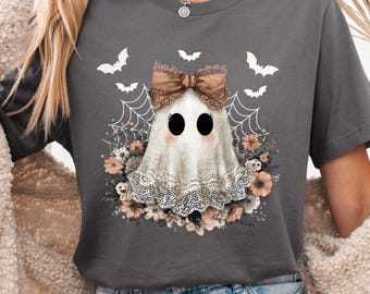 Lindo fantasma de encaje PNG, lazo de encaje de Halloween Boo PNG, camiseta de Halloween PNG, fantasma de Halloween PNG, camiseta de fantasma Boo PNG, fantasma lindo PNG, Halloween femenino