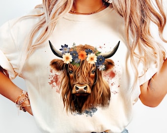 Vaca das Terras Altas Floral PNG Design de Sublimação de Vaca PNG Camiseta Clipart de Vaca Fofa PNG Floral Feminino de Outono PNG Vaca das Terras Altas PNG Flores Boho de Outono PNG