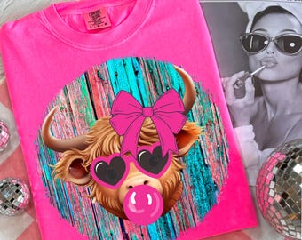 Trendy Highland Cow PNG Sublimation Design Coquette Highland Cow Bubblegum shirt Design Cute Highland Cow Boho Summer png Cute Cow Sassy Cow