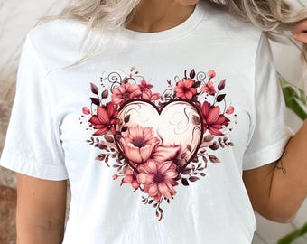 Boho Flowers Heart PNG Floral Sublimation Design Digital Download Floral Clipart png Heart Shaped Flower Png Valentines Shirt Design png