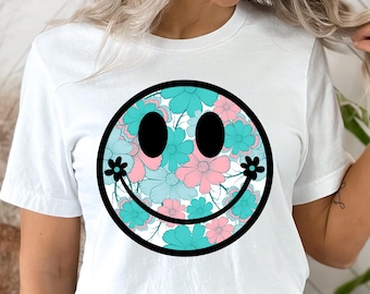 Retro Happy Flowers PNG Vintage Sublimation Shirt Design Digital Download Only Boho Groovy Flowers Summer Fun Tshirt Design Smiling Face png