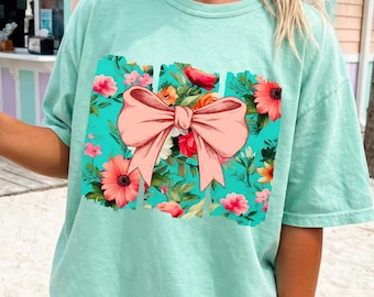 Girly Coquette Bow PNG Boho Floral Sublimation Design Preppy Floral Shirt png Floral Bow PNG Spring png Cute Summer Flower png Trendy png