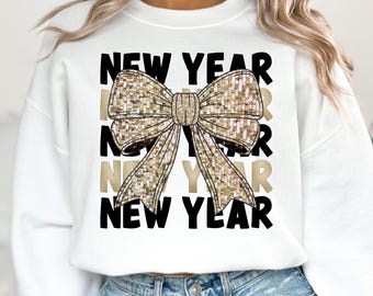 Happy New Year Coquette Bow PNG Faux Sequin Bow PNG 2026 Retro New Years Sequins Glitter Instant Sublimation Download Digital Shirt Design