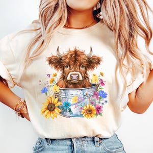 Cute Highland Cow PNG Sublimation Design Cute Cow Clipart png Tin Bucket Boho Spring Flower Trendy Farmhouse Cow png Cute Farm Animal Design