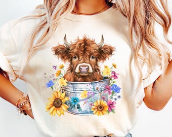 Design de sublimação PNG de vaca das Terras Altas fofa, clipart de vaca fofa em PNG, balde de lata, boho, flor de primavera, vaca moderna de fazenda em PNG, design de animal de fazenda fofo