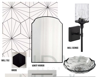 Bathroom Remodel, Black and White, Moodboard, Design Ideas, Modern, E-Design, Virtual Interior Design Services, Design Package, Bundle