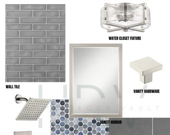 Bathroom Design Idea, Gray, Virtual Interior Design Services, Neutral Bathroom, Moodboard, E-Design, Design Package, Remodel, Modern