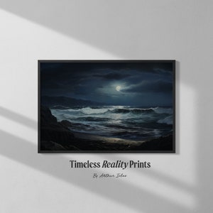 真夜中の海、ヴィンテージ油絵、ヴィンテージムーンプリント、デジタル印刷可能なダウンロード、暗い風景