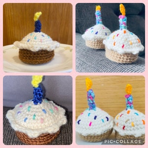 May include: Four crocheted cupcakes with candles. The cupcakes are white with colourful sprinkles and brown bottoms. The candles are yellow, blue and pink.