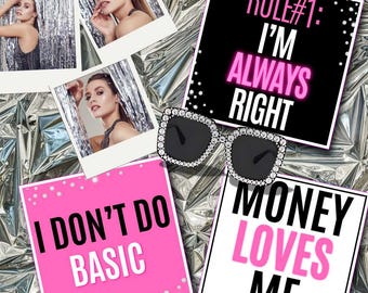 May include: Four pink and white cards with motivational quotes. The cards say "I don't do basic", "Rule #1: I'm always right", "Money loves me", and a pair of sunglasses with rhinestones.