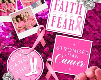 May include: Pink and white motivational signs with inspirational messages about faith, fear, and cancer. The signs are surrounded by pink sequins and pink ribbons. The text on the signs reads "Faith Over Fear" and "Stronger Than Cancer".