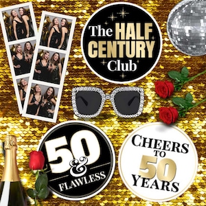 May include: A set of 50th birthday party decorations featuring a photo booth backdrop, sunglasses, and round paper circles with gold text. The text on the circles reads "The Half Century Club", "50 & Flawless", and "Cheers to 50 Years".