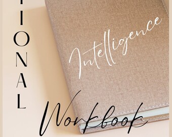 May include: A tan workbook with the word "Intelligence" in cursive script. The word "Emotional" is vertically stacked on the left side, and "Workbook" is written at the bottom. A green plant with holey leaves is in the upper right corner.
