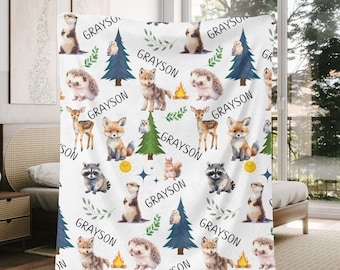 Manta para bebé niño Woodland, manta para bebé personalizada Woodland, manta para bebé Woodland personalizada con nombre Manta para niño Woodland con animales lindos