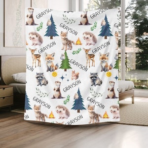 Baby Blanket Boys Woodland, Custom Baby Blanket Woodland, Custom Woodland Baby Blanket With Name Woodland Toddler Blanket With Cute Animals
