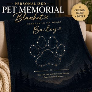May include: A navy blue personalized pet memorial blanket. The blanket features a paw print design made of glowing dots, the name "Bailey", and the text "You left paw prints on our hearts that will last forever."