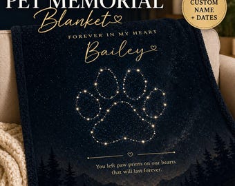 Custom Pet Memorial Star Map Blanket | Personalized Paw Print Constellation | Sympathy Gift for Dog or Cat Loss